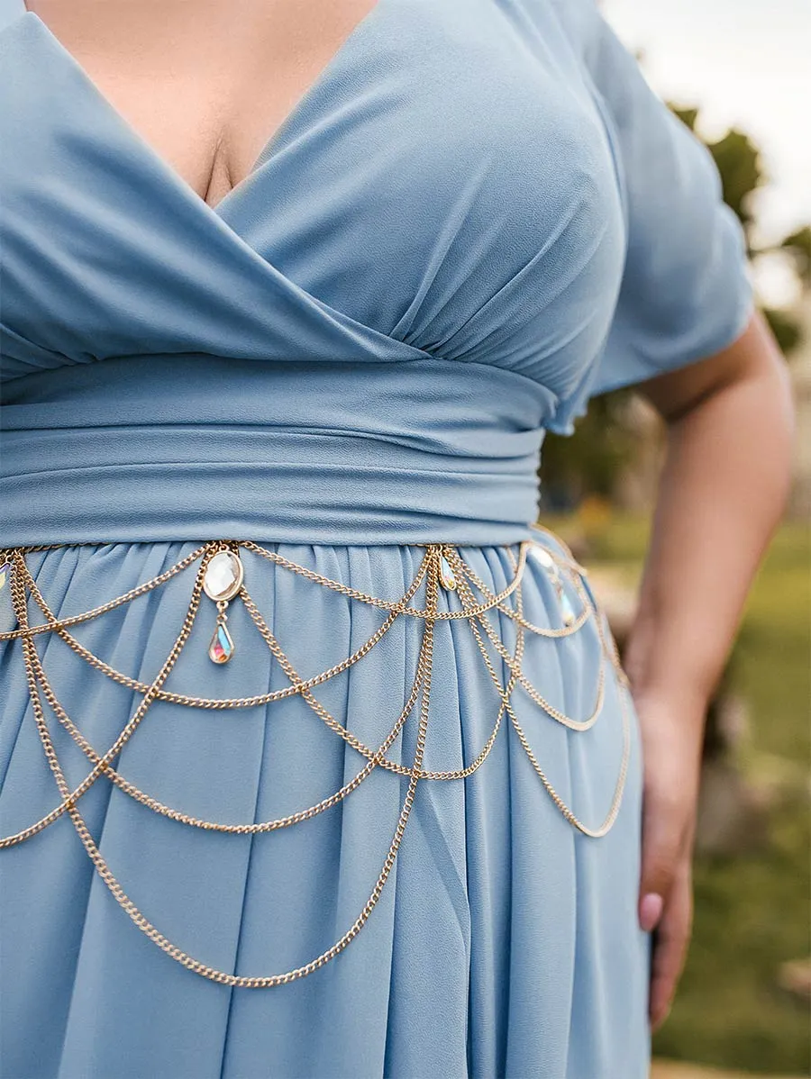 2025 Steel Blue Bridesmaid Dresses Plus Size Flutter Sleeve V Neck
