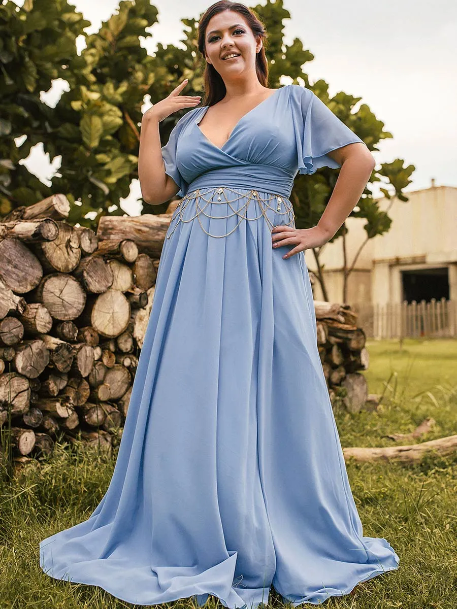 2025 Steel Blue Bridesmaid Dresses Plus Size Flutter Sleeve V Neck