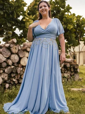 2025 Steel Blue Bridesmaid Dresses Plus Size Flutter Sleeve V Neck