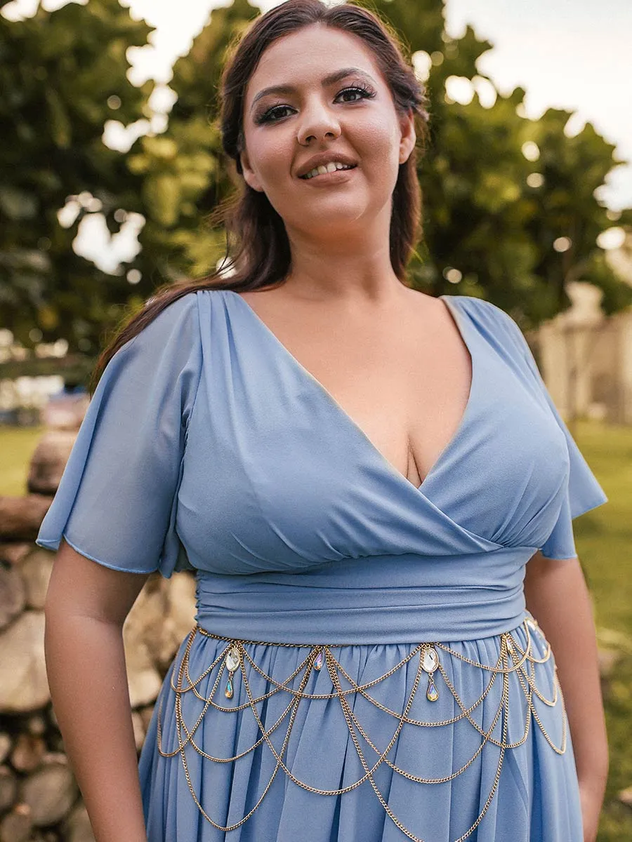 2025 Steel Blue Bridesmaid Dresses Plus Size Flutter Sleeve V Neck