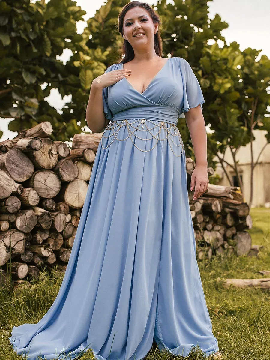 2025 Steel Blue Bridesmaid Dresses Plus Size Flutter Sleeve V Neck