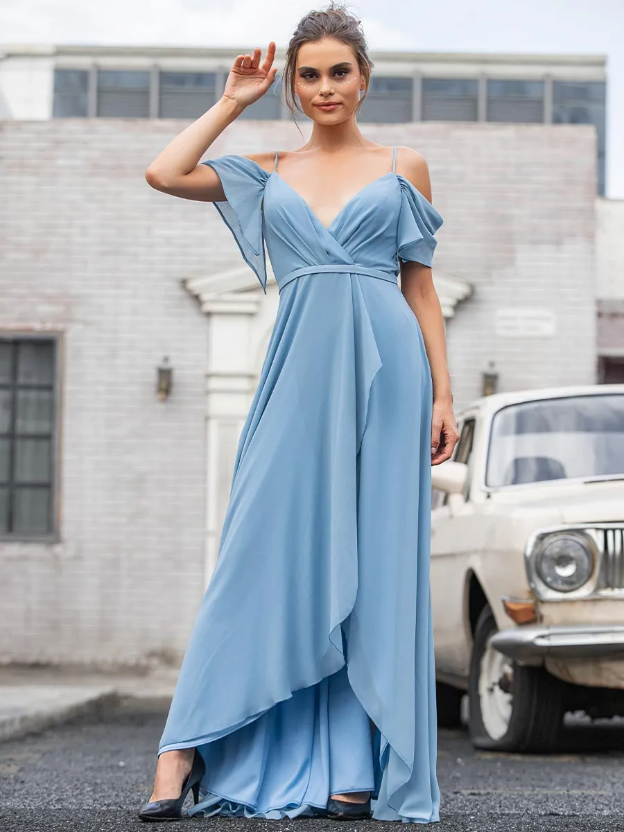 2025 V Neck Bridesmaid Dress Sky Blue Spaghetti Straps