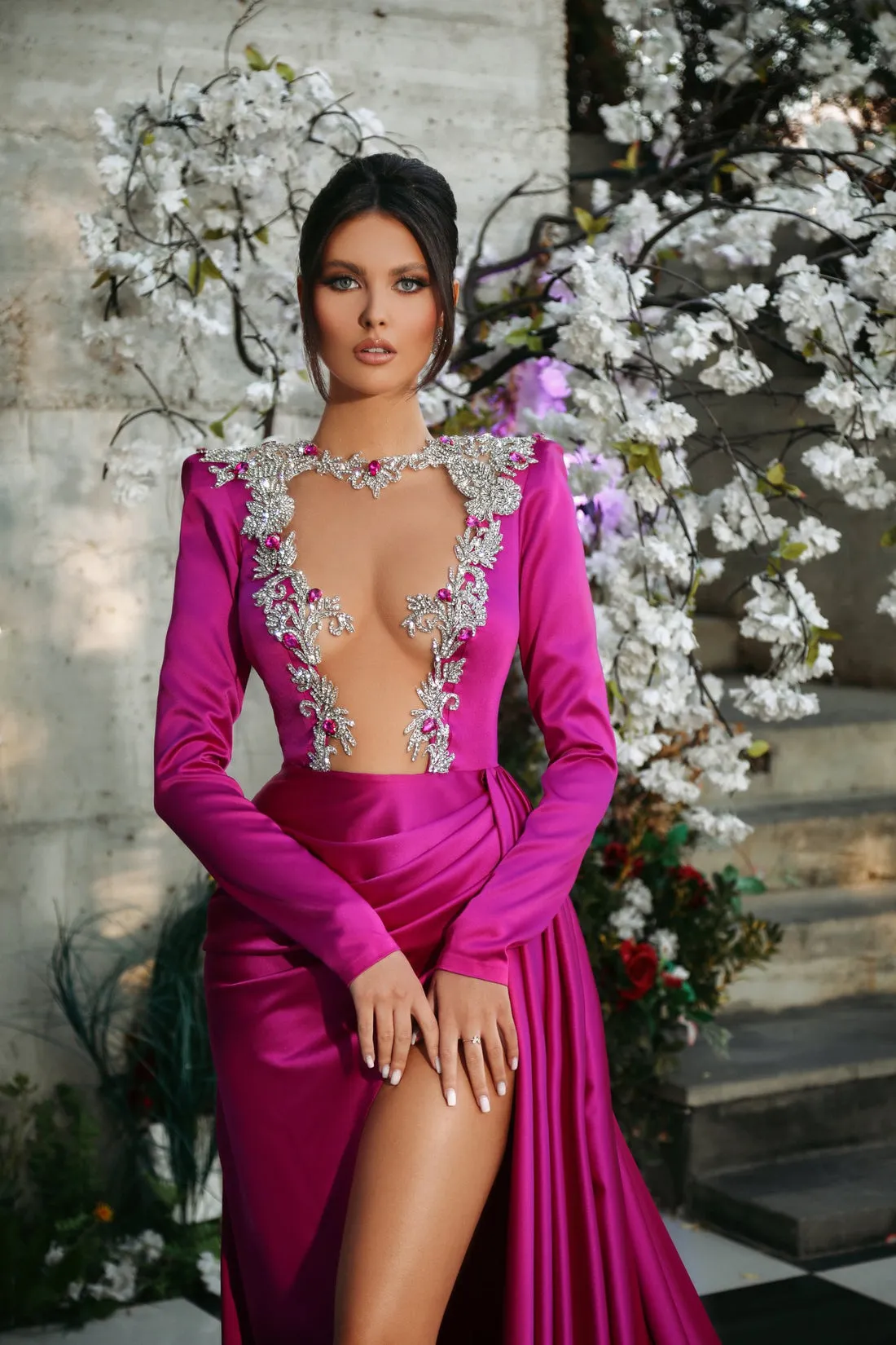 Blaire Beautiful Long Sleeves Pink Evening Dress