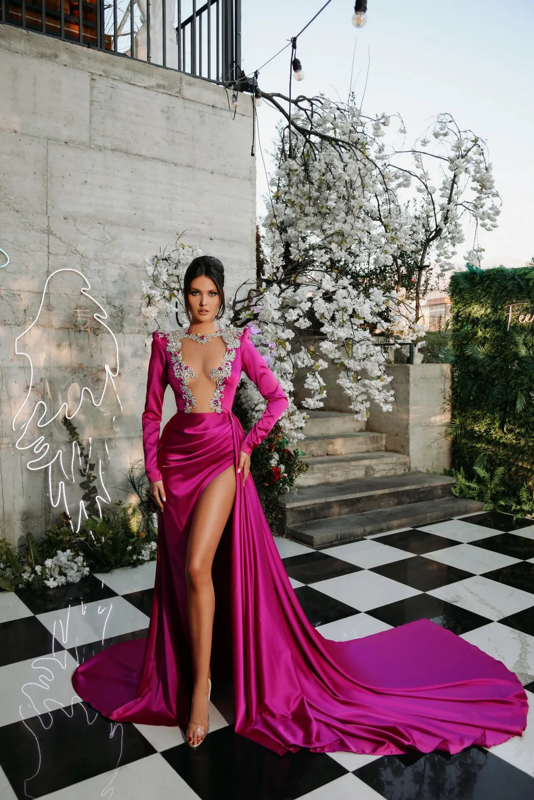 Blaire Beautiful Long Sleeves Pink Evening Dress