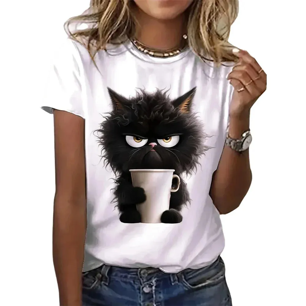 Cat Womens White Print T-shirt Casual Short Sleeve O Neck Top