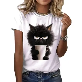 Cat Womens White Print T-shirt Casual Short Sleeve O Neck Top