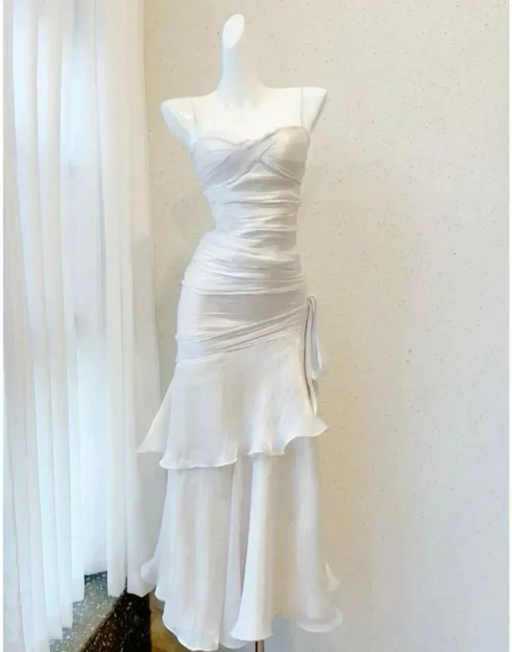 Gowns Evening Dresses Spaghetti Straps White A Line Prom Dress Vintage Ruffle Formal Dress Prom Dresses