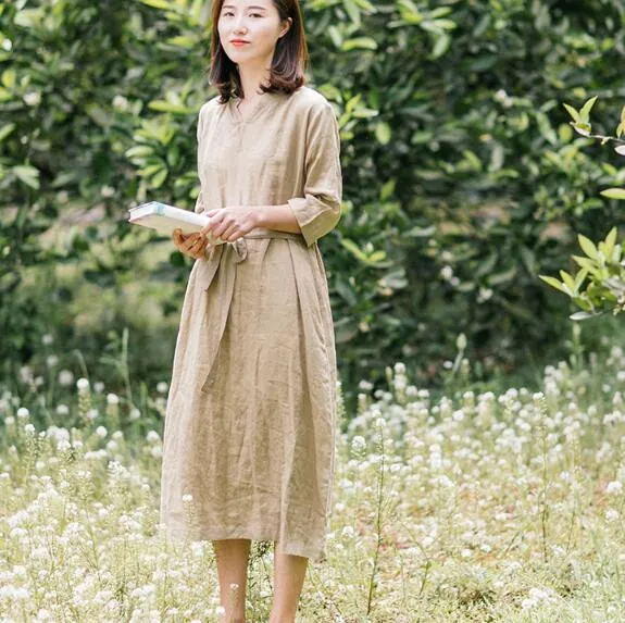 Khaki 100% Linen Women Dresses Half Sleeves Summer Women Dresses XH9527