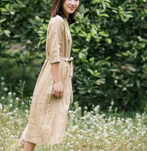 Khaki 100% Linen Women Dresses Half Sleeves Summer Women Dresses XH9527