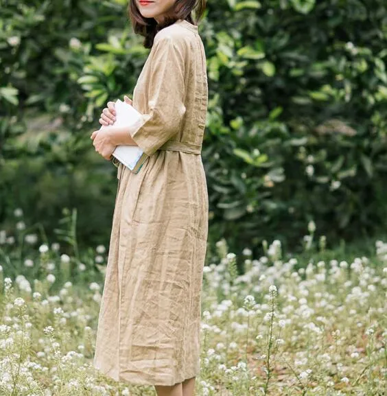 Khaki 100% Linen Women Dresses Half Sleeves Summer Women Dresses XH9527