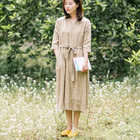 Khaki 100% Linen Women Dresses Half Sleeves Summer Women Dresses XH9527