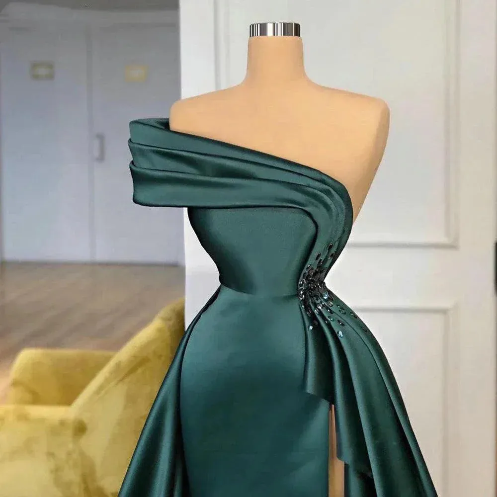 Long Dark Green Satin Prom Dress Elegant Split Evening Gowns Floor Length december wedding guest dress