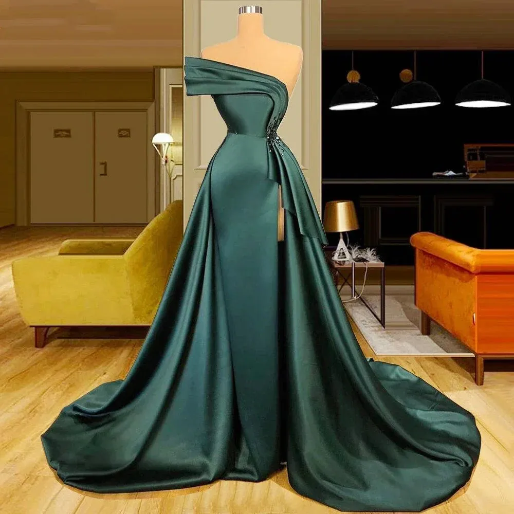 Long Dark Green Satin Prom Dress Elegant Split Evening Gowns Floor Length december wedding guest dress