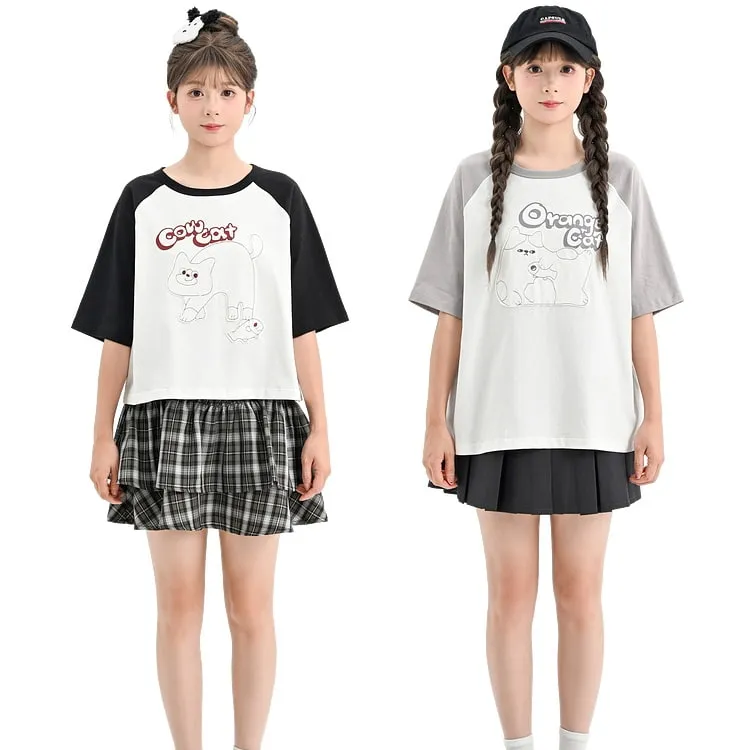 Summer Sweet Girl Style Cartoon Line Cat Print T-shirt