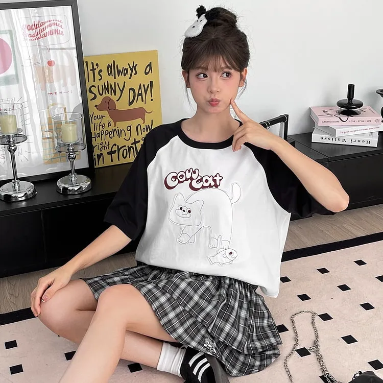 Summer Sweet Girl Style Cartoon Line Cat Print T-shirt