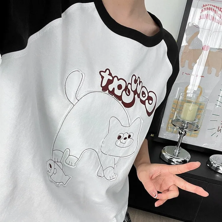Summer Sweet Girl Style Cartoon Line Cat Print T-shirt